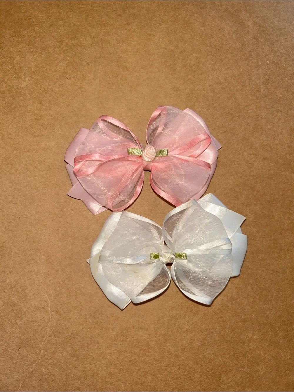 Pink and White Organza Flower Hair Bows for Kids